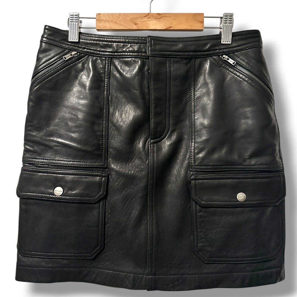 RRL Ralph Lauren Vintage Black Leather Cargo Mini‎ Skirt Pockets 2 Edgy Moto